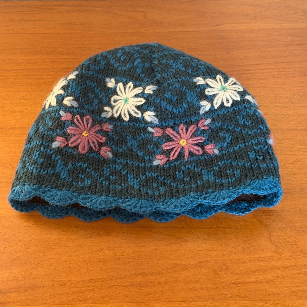 Lost Horizons Teal Wool Crochet Detailing Floral Knit Beanie - Made in Nepal - Picture 3 of 9